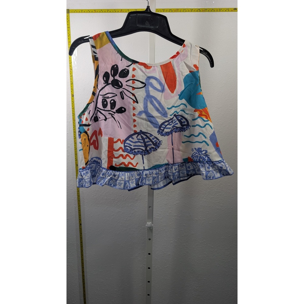 Shein Womens Abstract Beach Print Ruffle Crop Top Button Back‎ Sleeveless Medium